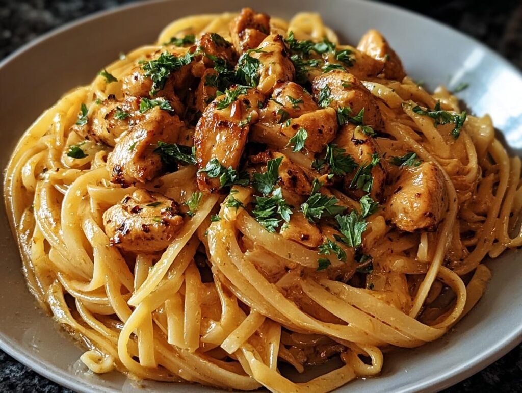 Close-up of Easy Cowboy Butter Chicken Linguine tossed in a creamy sauce and topped with fresh parsley.