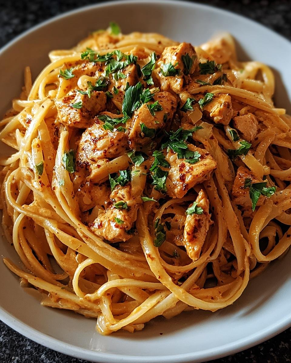 Close-up of Easy Cowboy Butter Chicken Linguine tossed in a creamy sauce and topped with fresh parsley.