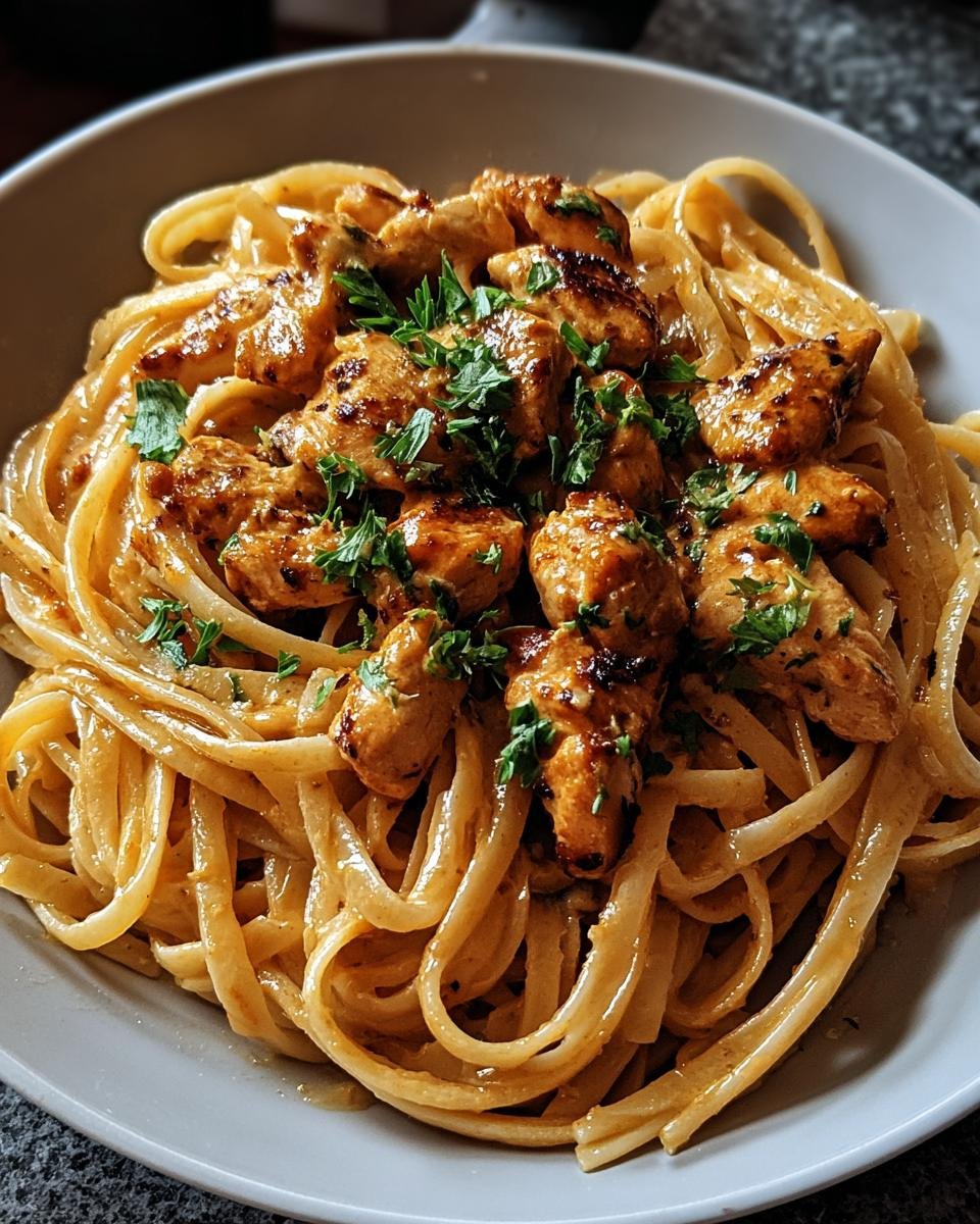 A close-up of Easy Cowboy Butter Chicken Linguine with creamy sauce and topped with fresh parsley.