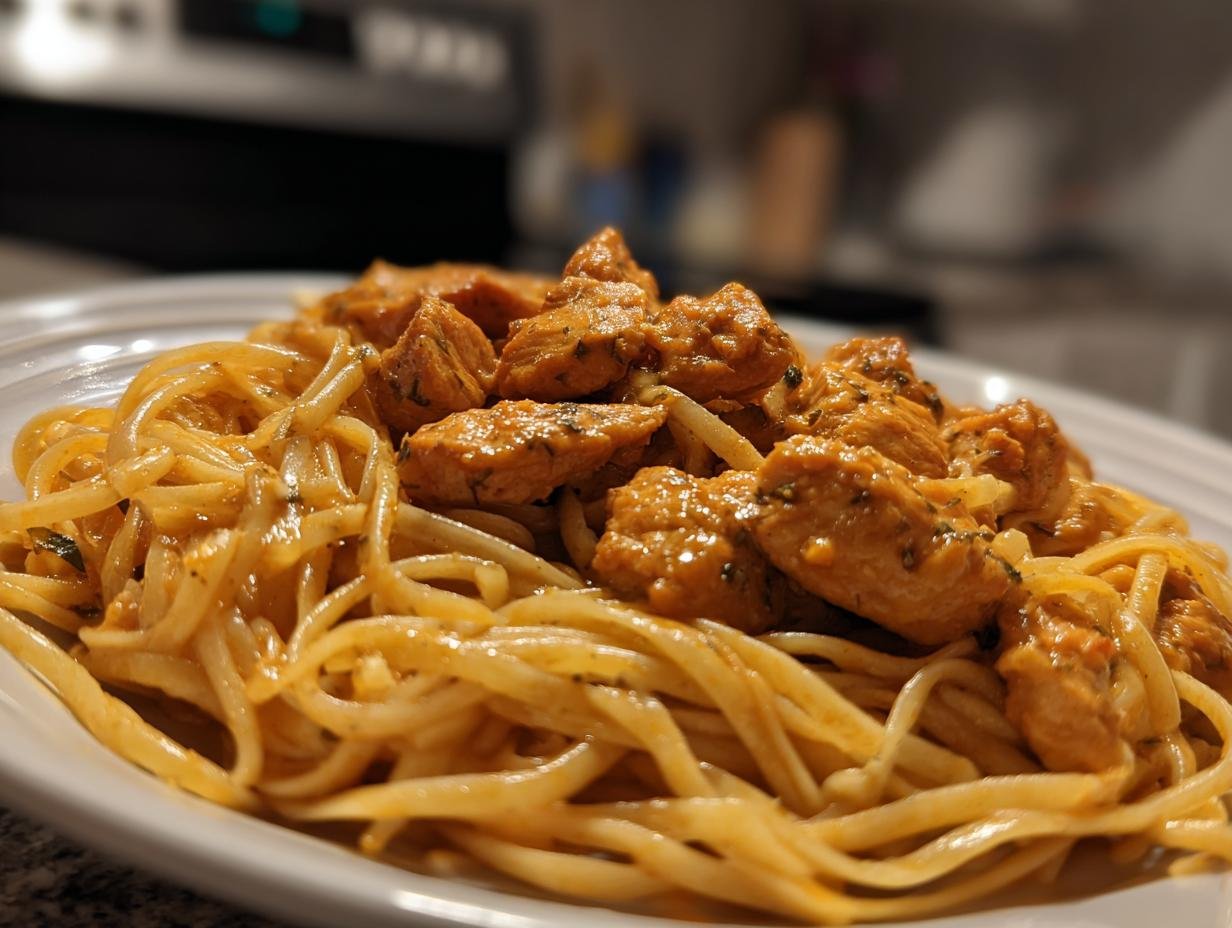 Close-up of Easy Cowboy Butter Chicken Linguine with creamy sauce and chunks of seasoned chicken over linguine pasta.