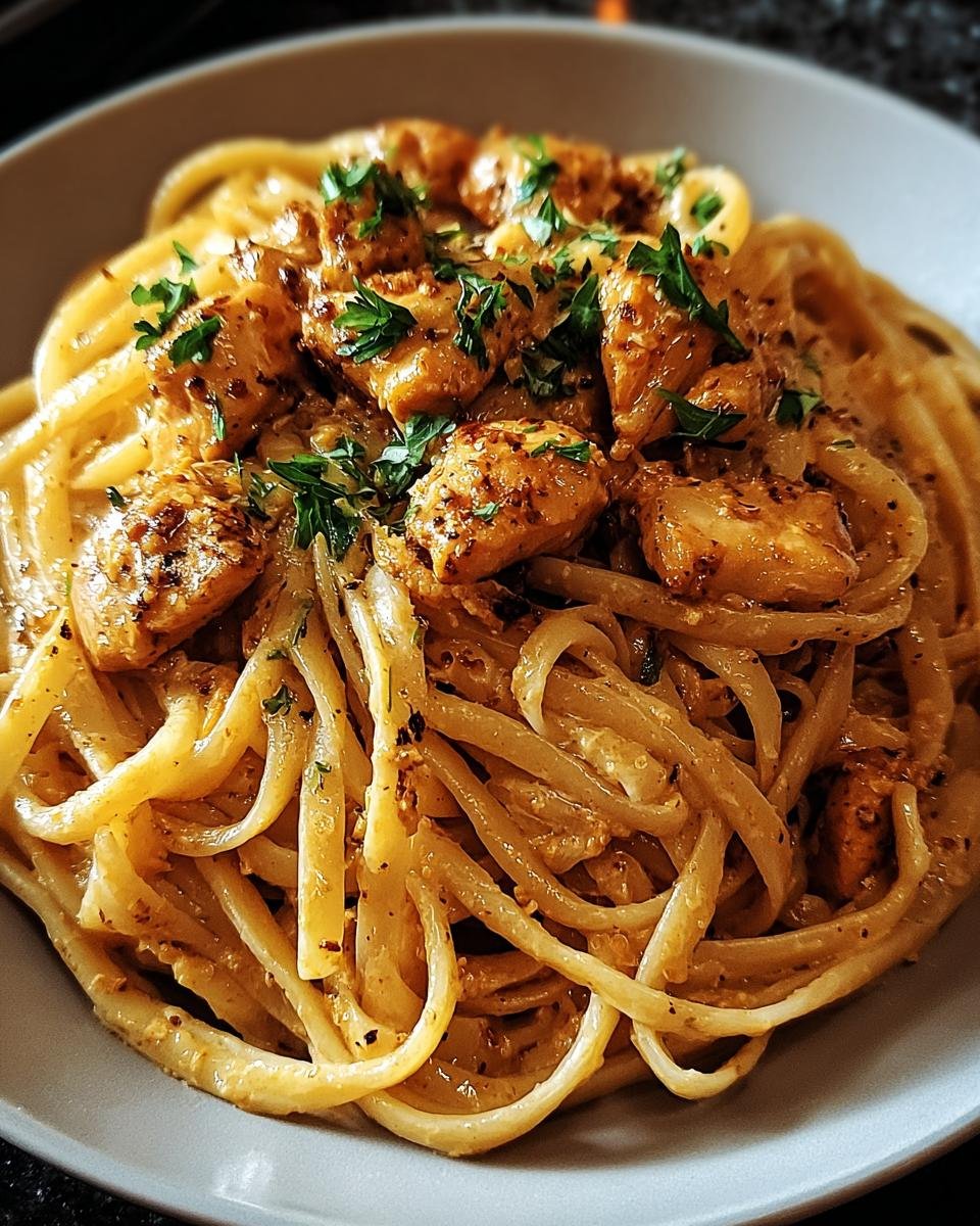A close-up of creamy Cowboy Butter Chicken Linguine topped with seasoned chicken pieces and fresh parsley.