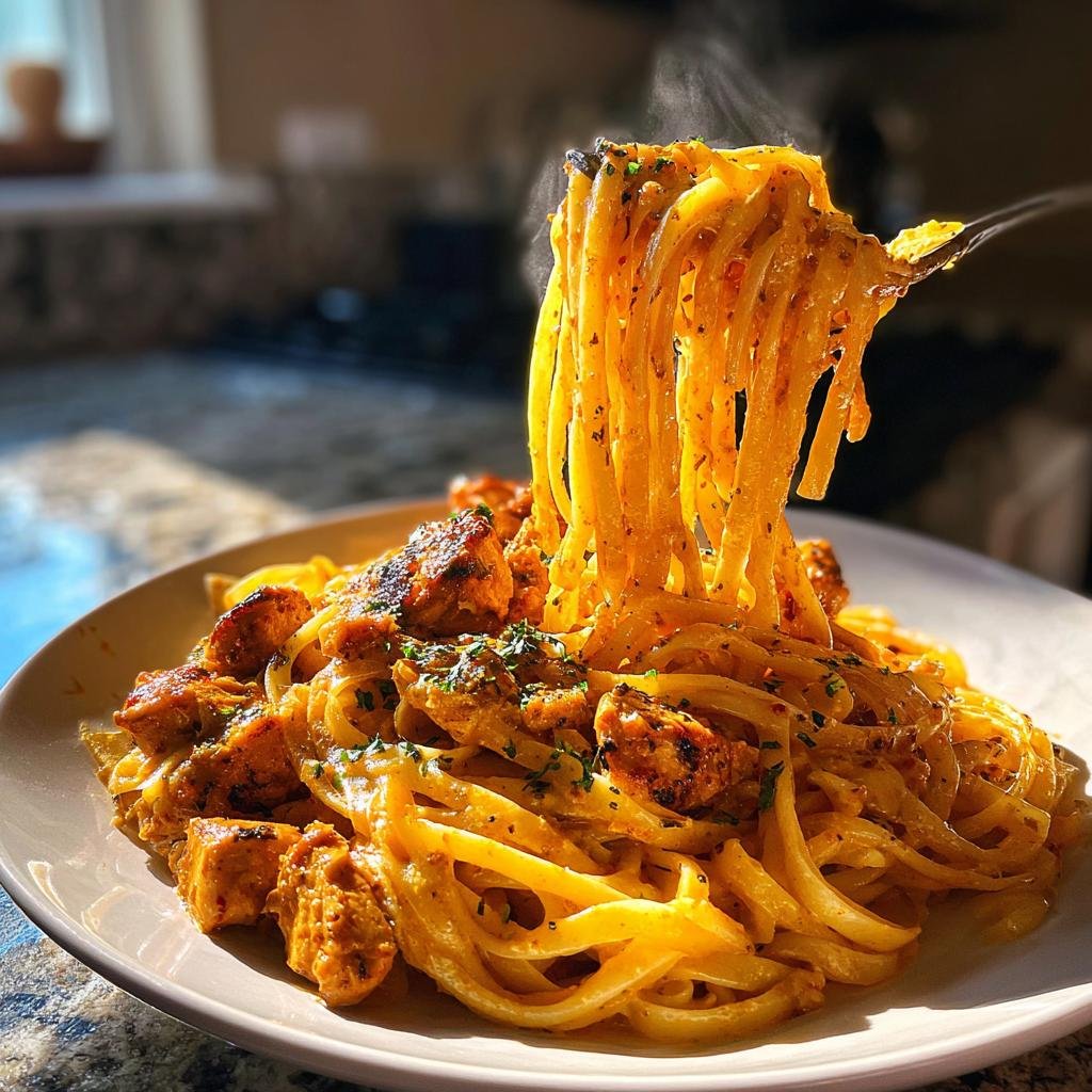 A fork twirls steaming linguine noodles coated in rich sauce and chunks of chicken from a plate of Cowboy Butter Chicken Linguine.