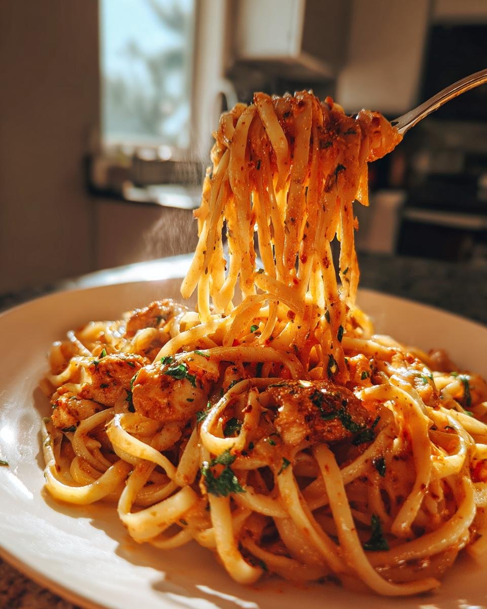 A fork lifts steaming linguine coated in rich sauce and chicken from a plate of Easy Cowboy Butter Chicken Linguine.
