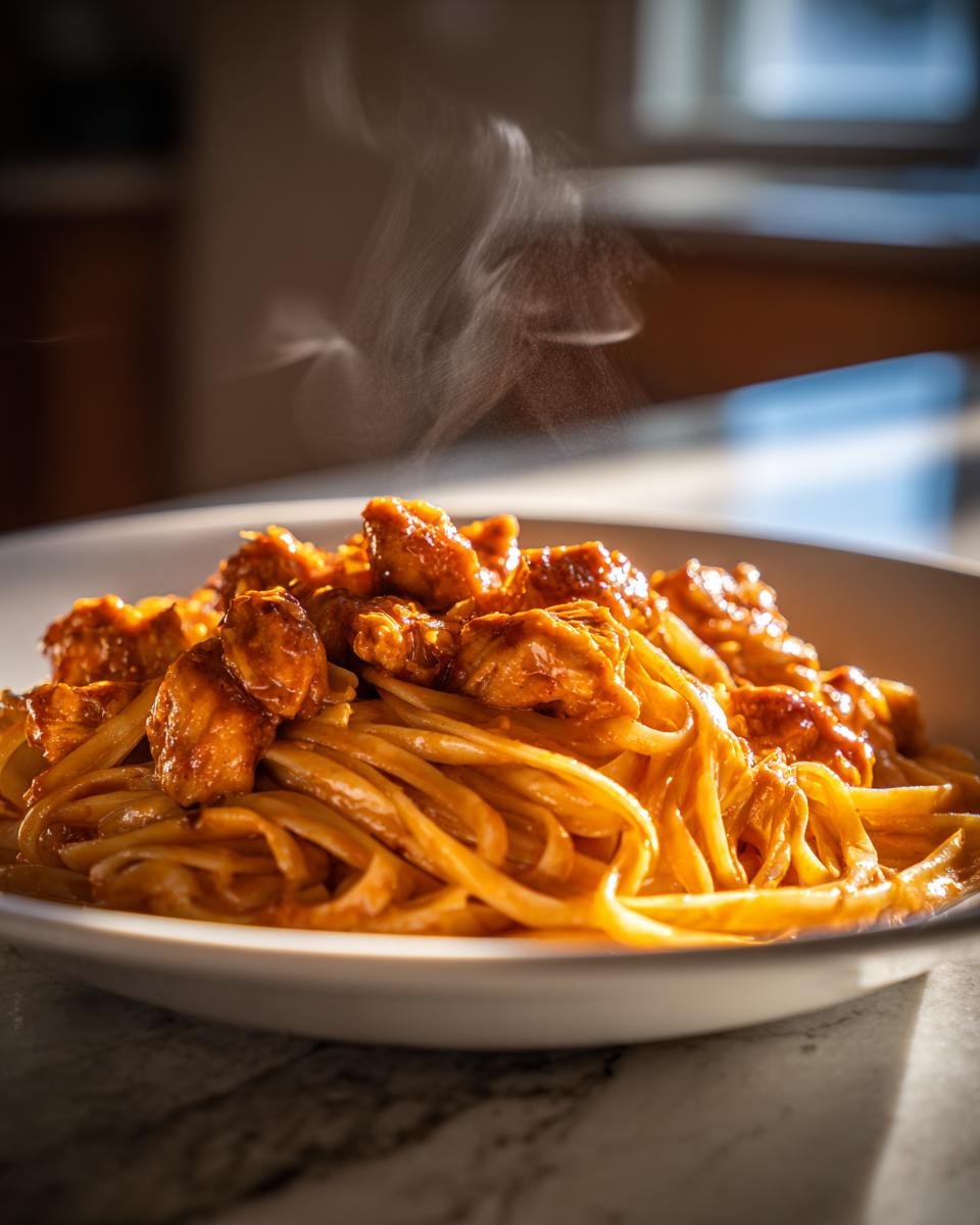 Close-up of hot, steaming Cowboy Butter Chicken Linguine piled high in a white bowl.