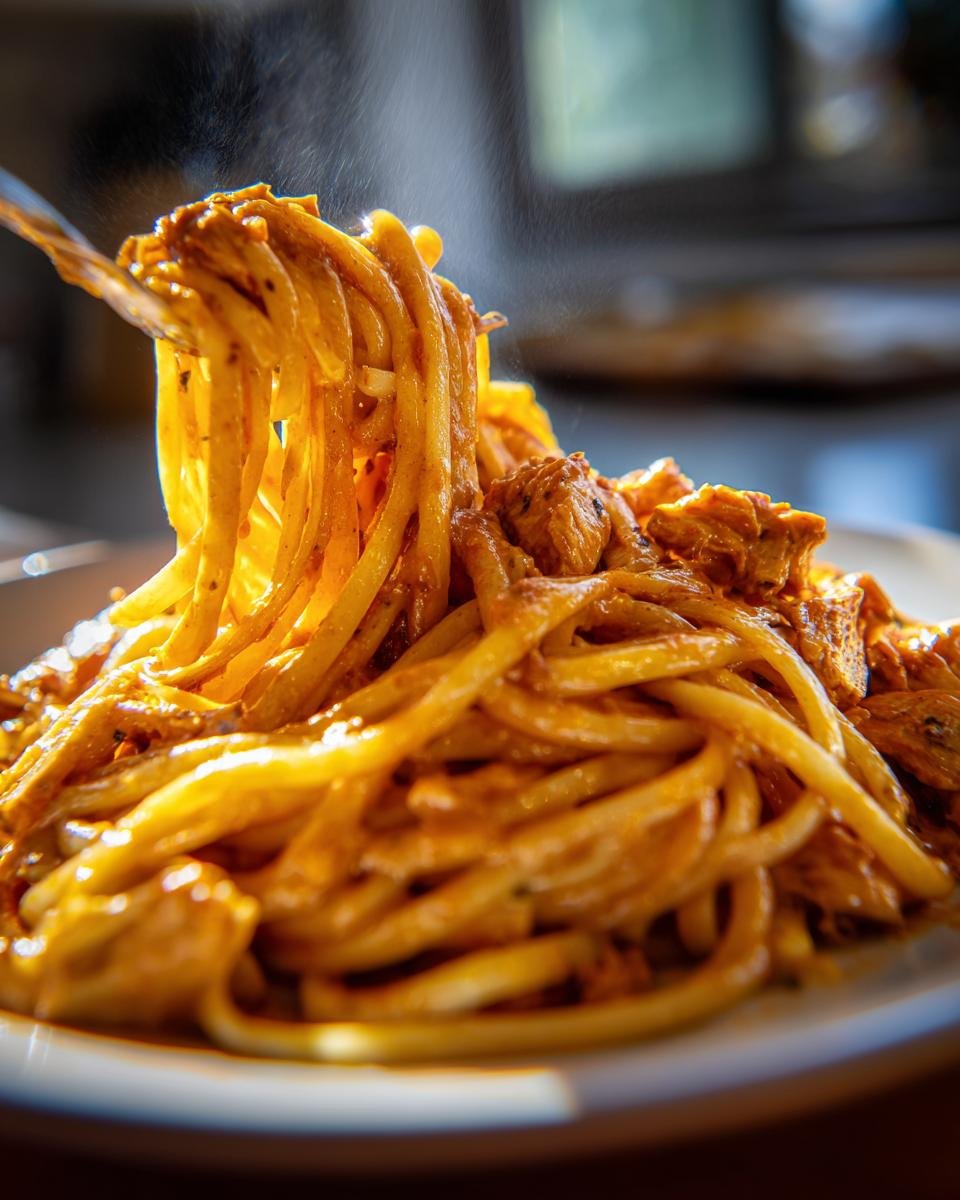 A fork lifts steaming strands of Cowboy Butter Chicken Linguine coated in a rich, orange sauce with visible chunks of chicken.