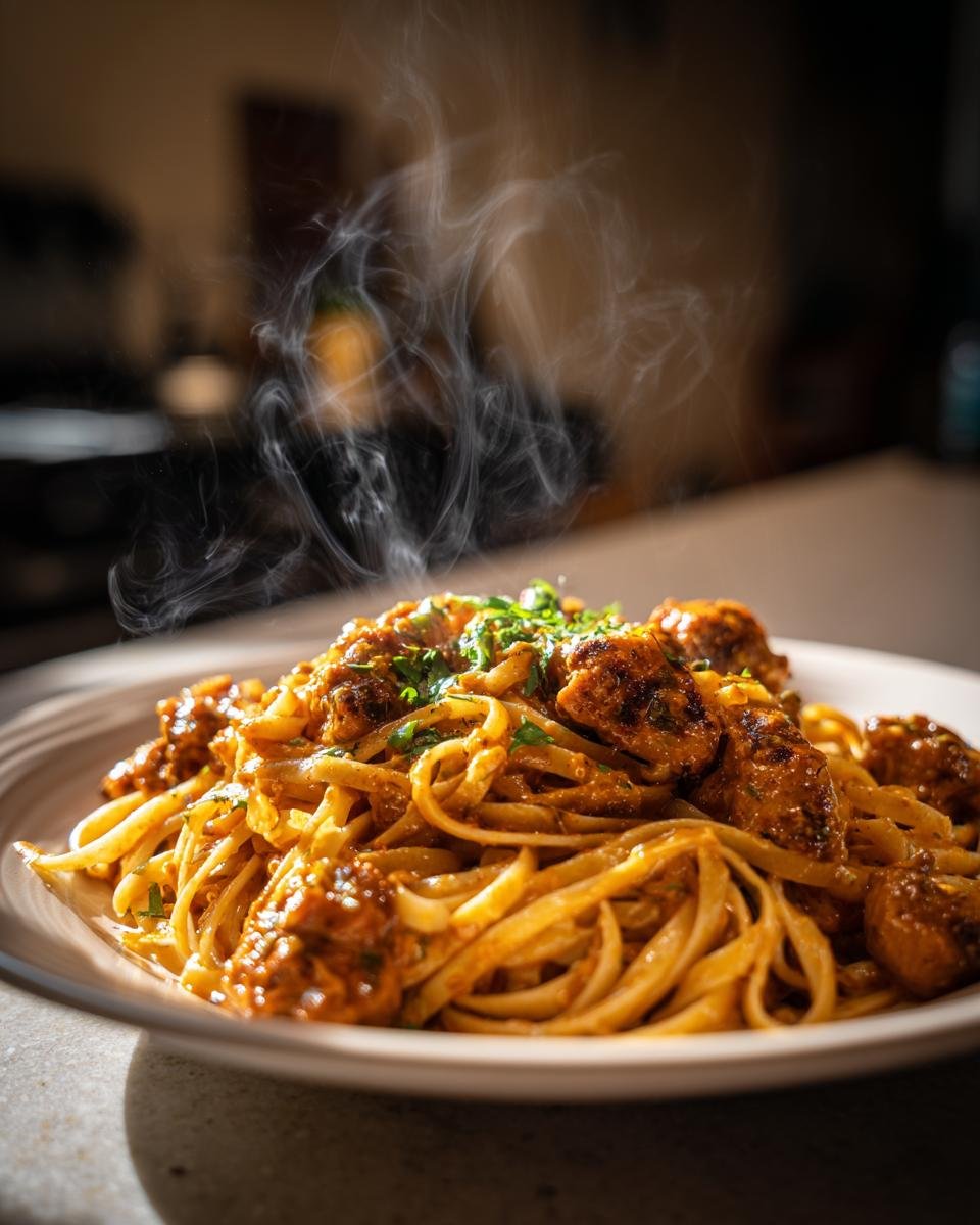 Close-up of hot Cowboy Butter Chicken Linguine with steam rising, garnished with fresh herbs.