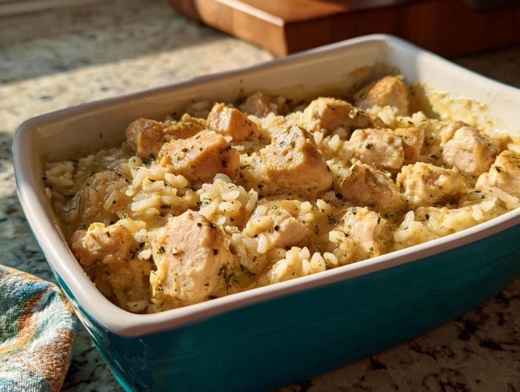 Close-up of Easy Creamy Ranch Chicken Recipe with rice in a teal baking dish.