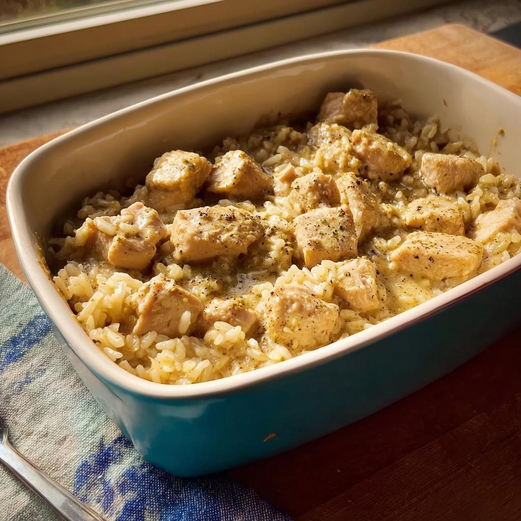 Cubes of seasoned chicken mixed with creamy rice in a blue baking dish for the Easy Creamy Ranch Chicken Recipe.