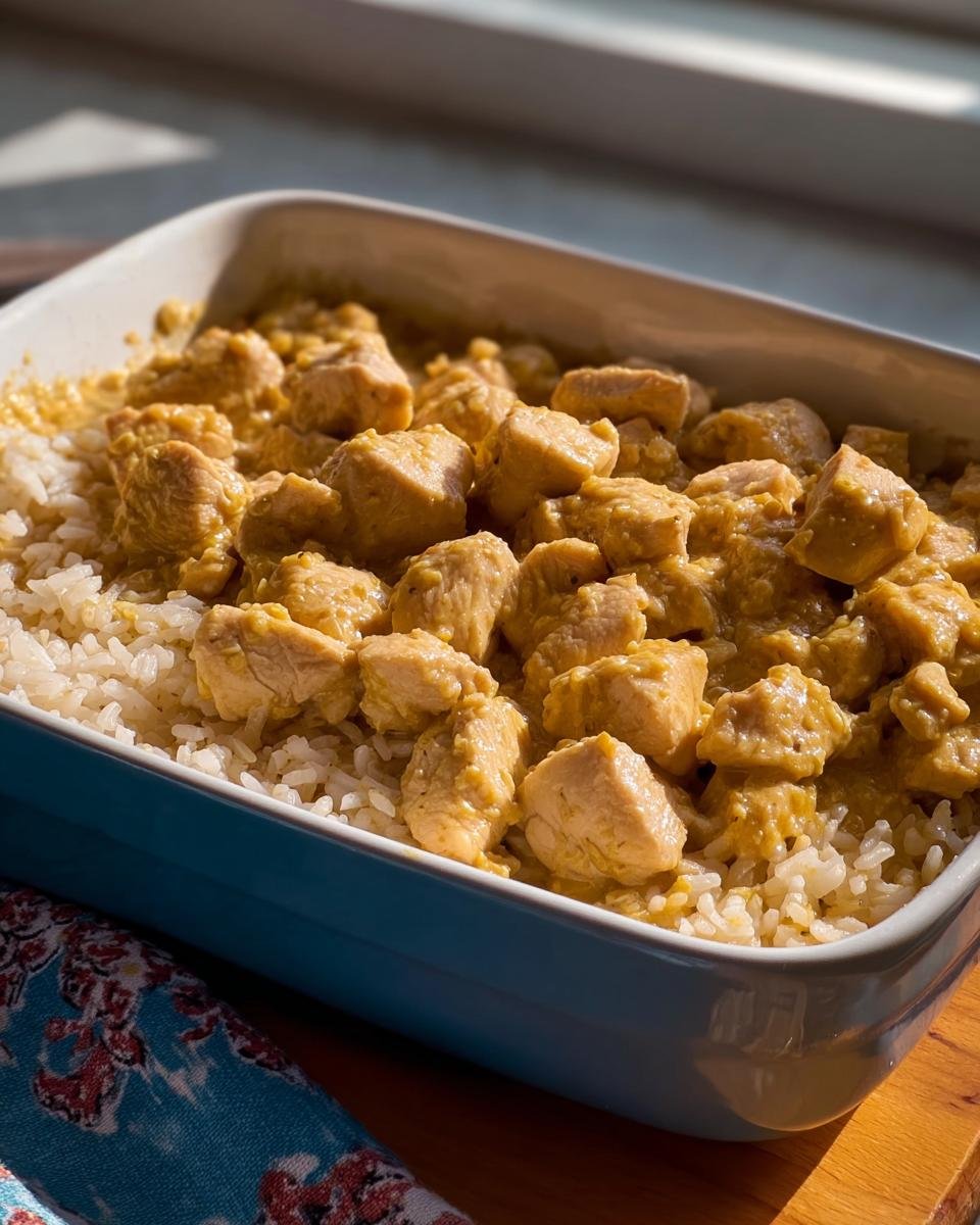 Cubes of Easy Creamy Ranch Chicken coated in sauce served over white rice in a blue baking dish.