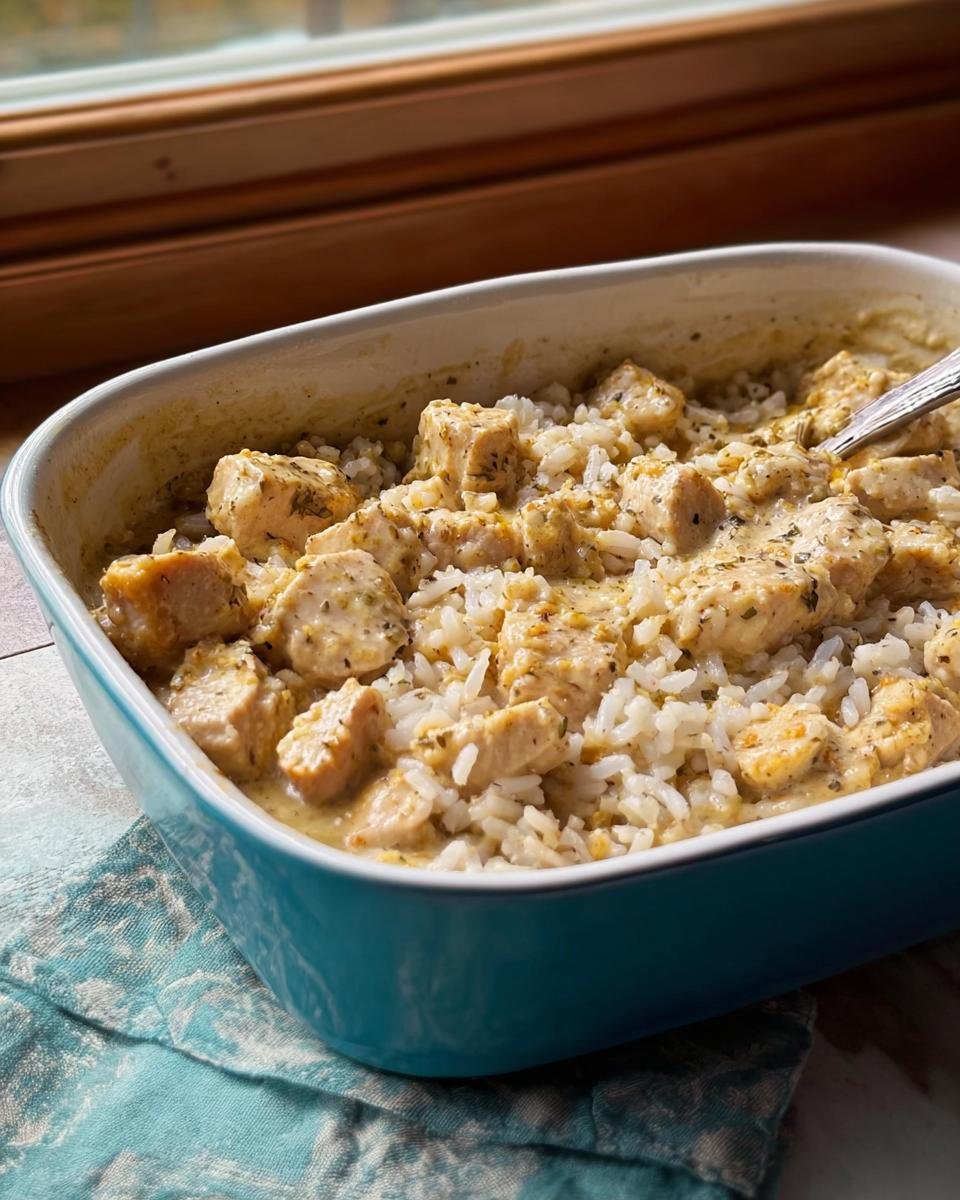 Cubes of chicken coated in creamy ranch sauce served over white rice in a blue baking dish for the Easy Creamy Ranch Chicken Recipe.