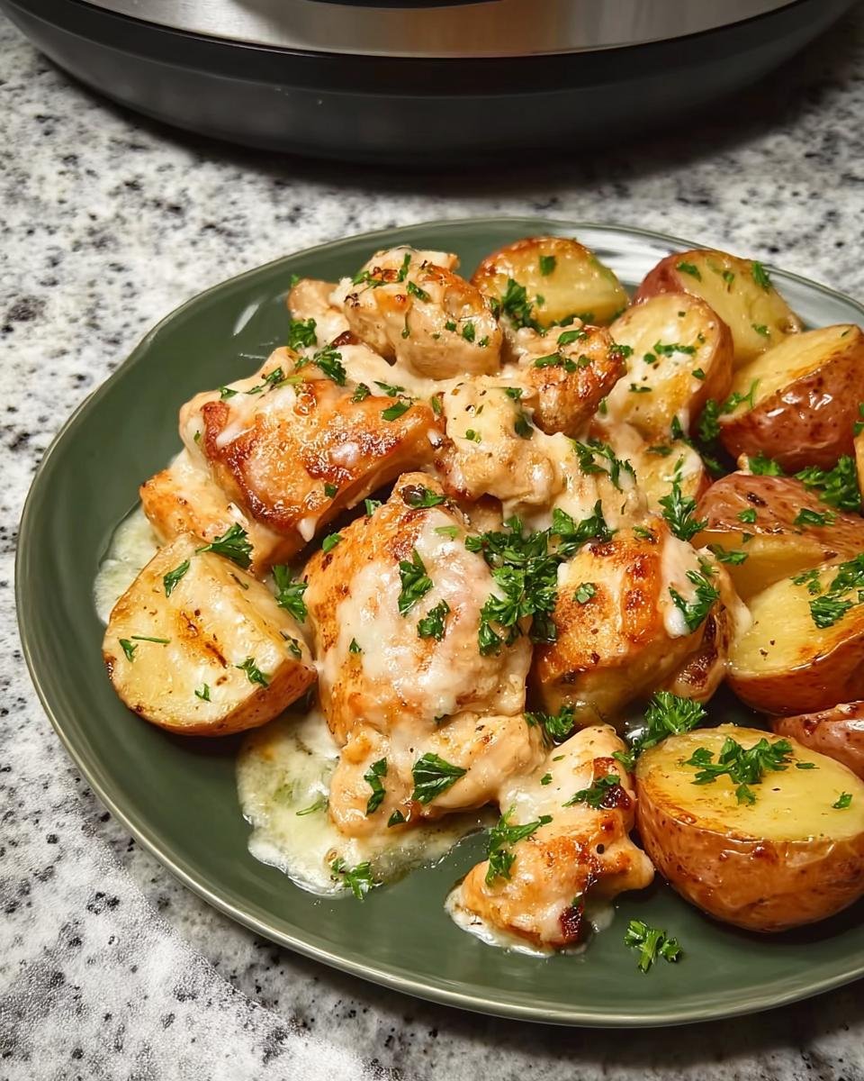 Plated Easy Garlic Parmesan Chicken and Potatoes topped with melted cheese and fresh parsley.