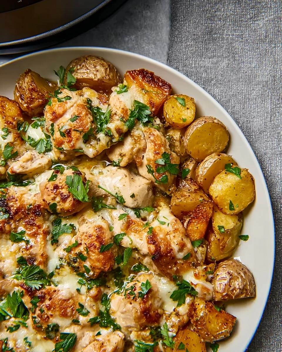 Close-up of Easy Garlic Parmesan Chicken and Potatoes topped with melted cheese and fresh parsley.