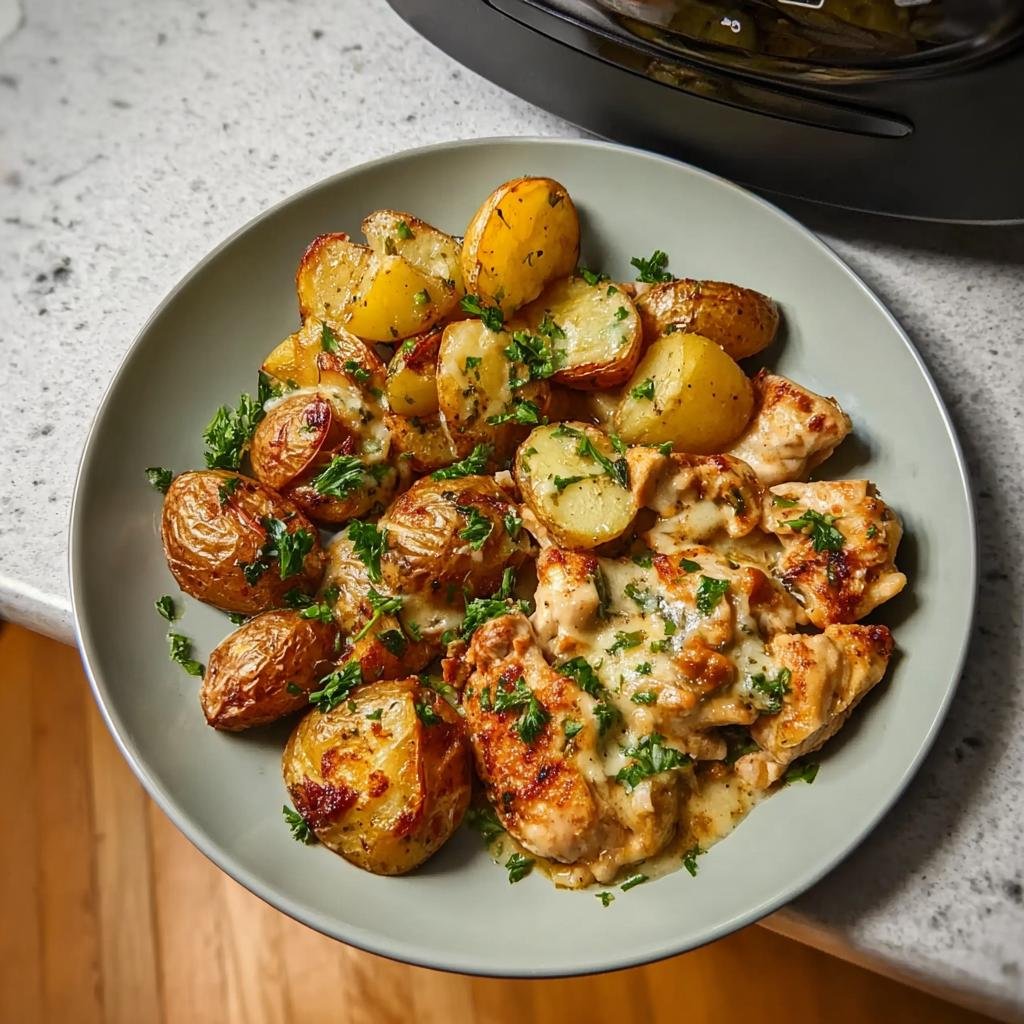 Plate of Easy Garlic Parmesan Chicken and Potatoes topped with melted cheese and fresh parsley.