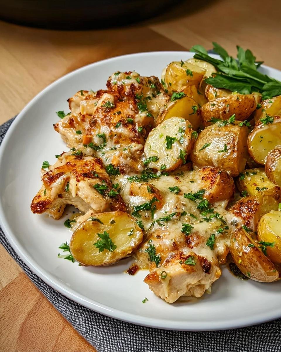 Melted cheese covering Easy Garlic Parmesan Chicken and Potatoes, garnished with fresh parsley.