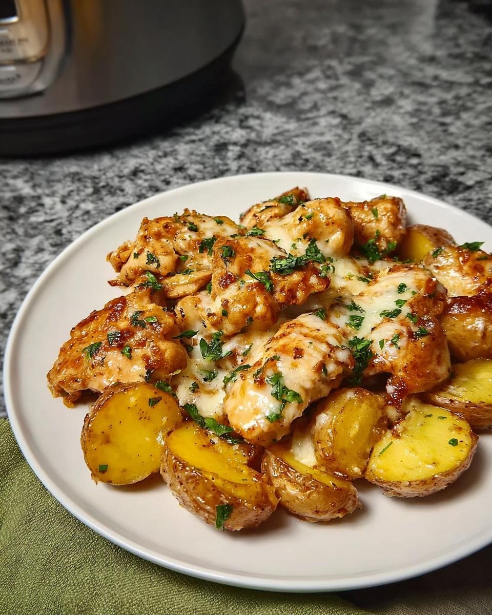 Melted cheese topping on Easy Garlic Parmesan Chicken and Potatoes served on a white plate.