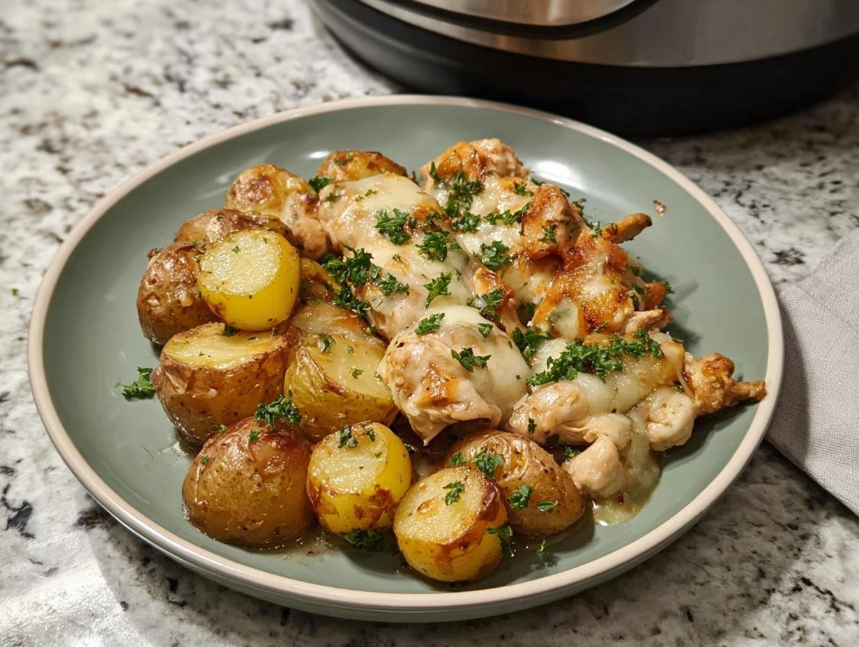 Melted cheese covers the Easy Garlic Parmesan Chicken and Potatoes served on a green plate.