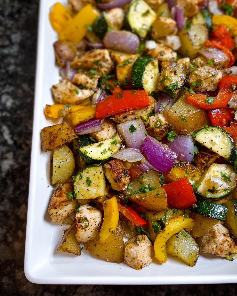 Close-up of roasted chicken chunks mixed with potatoes, zucchini, red onion, and bell peppers for Easy Healthy Meal Prep.