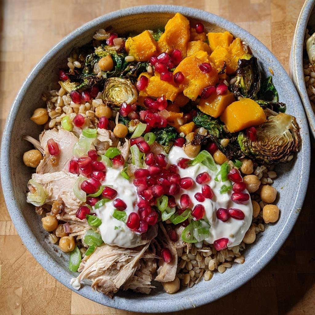Overhead view of a high-protein meal bowl featuring shredded chicken, grains, roasted squash, and yogurt topped with pomegranate seeds.