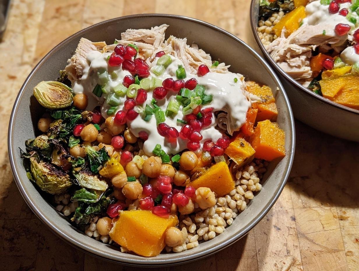 Close-up of a hearty grain bowl featuring shredded chicken, chickpeas, roasted squash, and tahini dressing—an Easy High-Protein Meal.
