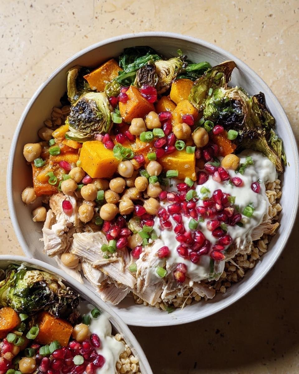 Overhead view of a vibrant, high-protein meal bowl featuring shredded chicken, roasted squash, chickpeas, and pomegranate seeds.