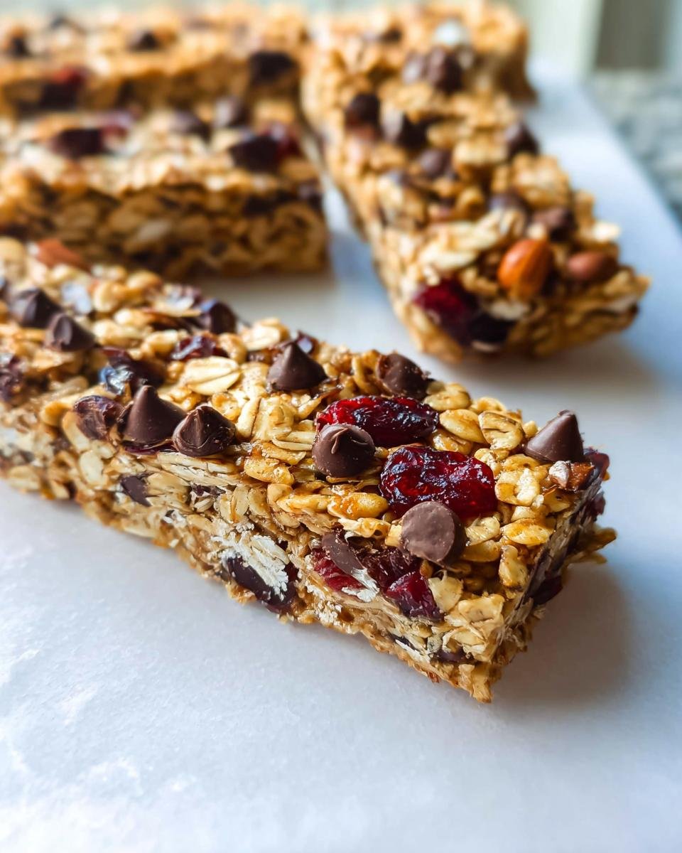 Close-up of an Easy Homemade Granola Bar topped with chocolate chips and dried cranberries.