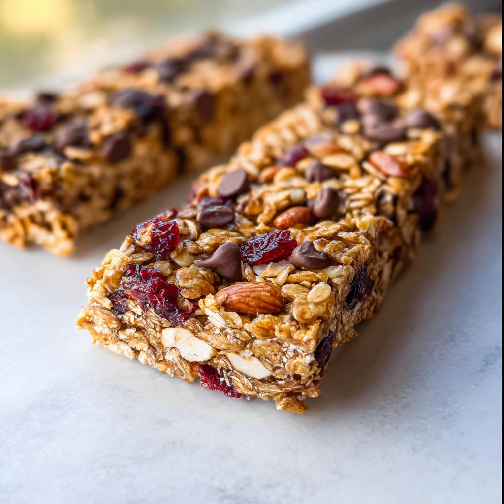 Close-up of a chewy Easy Homemade Granola Bar packed with oats, almonds, dried cranberries, and chocolate chips.