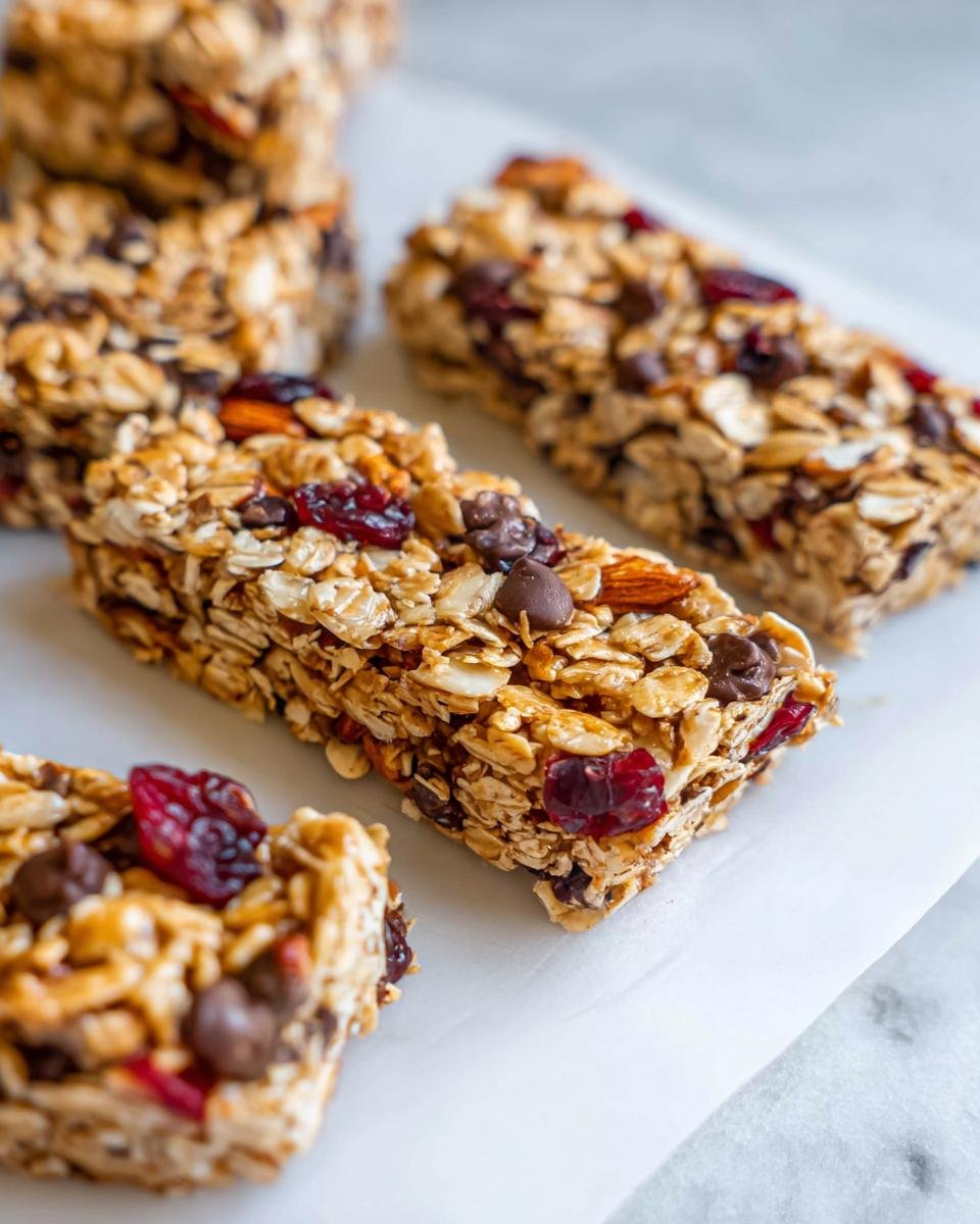 Close-up of several Easy Homemade Granola Bars packed with oats, chocolate chips, almonds, and dried cranberries.