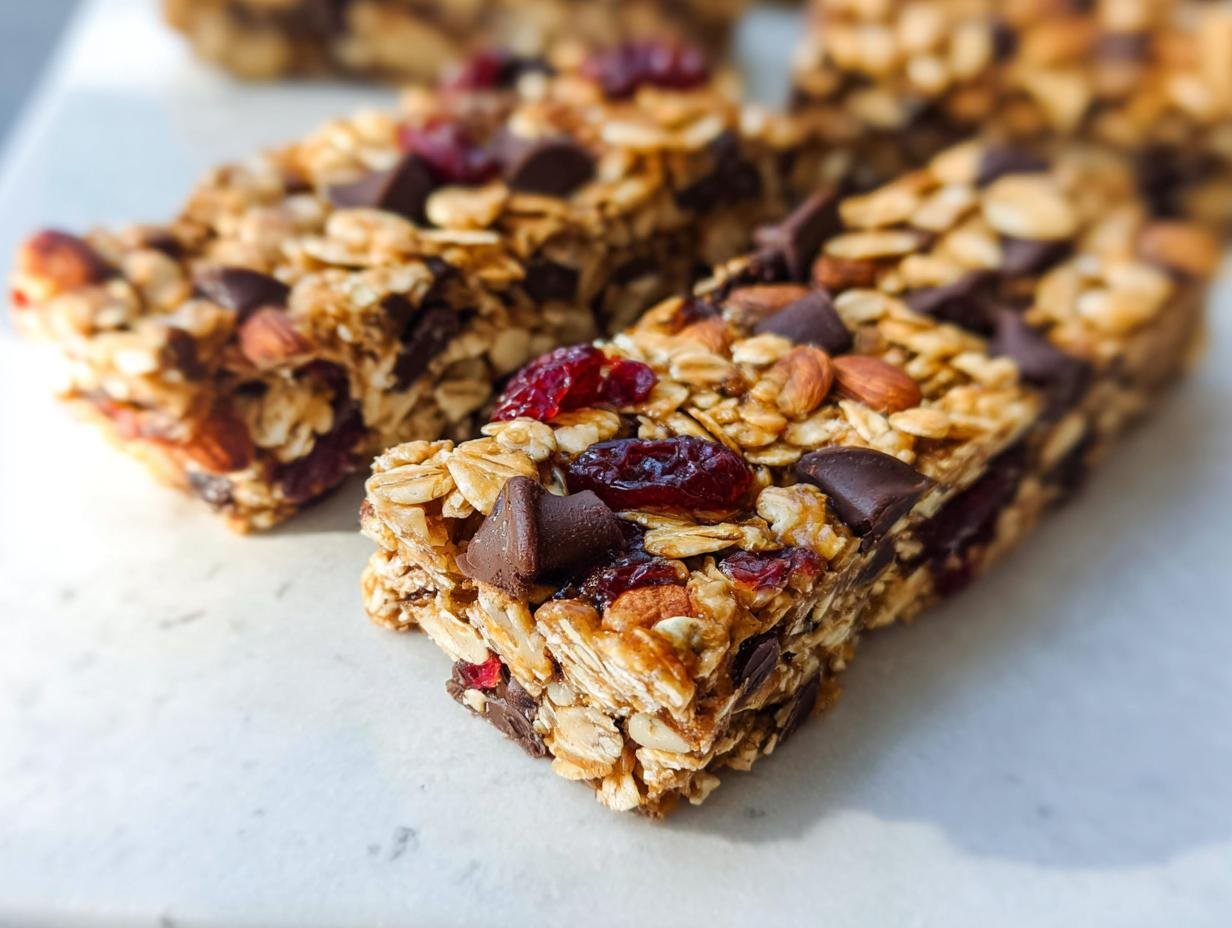 Close-up of several Easy Homemade Granola Bars packed with oats, almonds, chocolate chips, and dried cranberries.