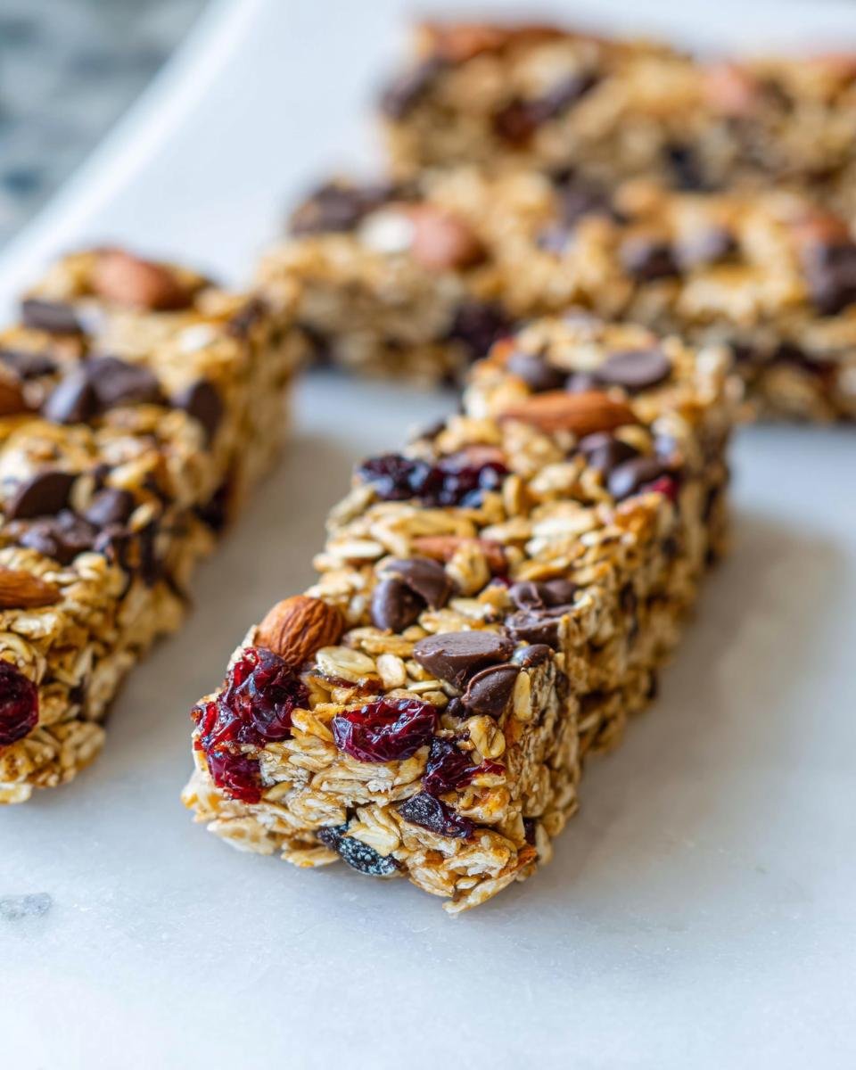 A close-up focus on one of the Easy Homemade Granola Bars, showing oats, chocolate chips, almonds, and dried cranberries.