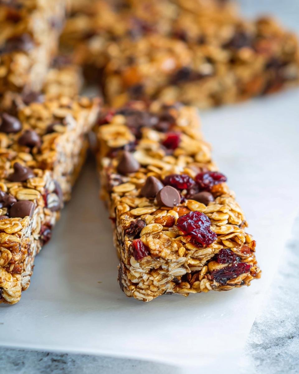 Close-up of two Easy Homemade Granola Bars packed with oats, chocolate chips, and dried cranberries.