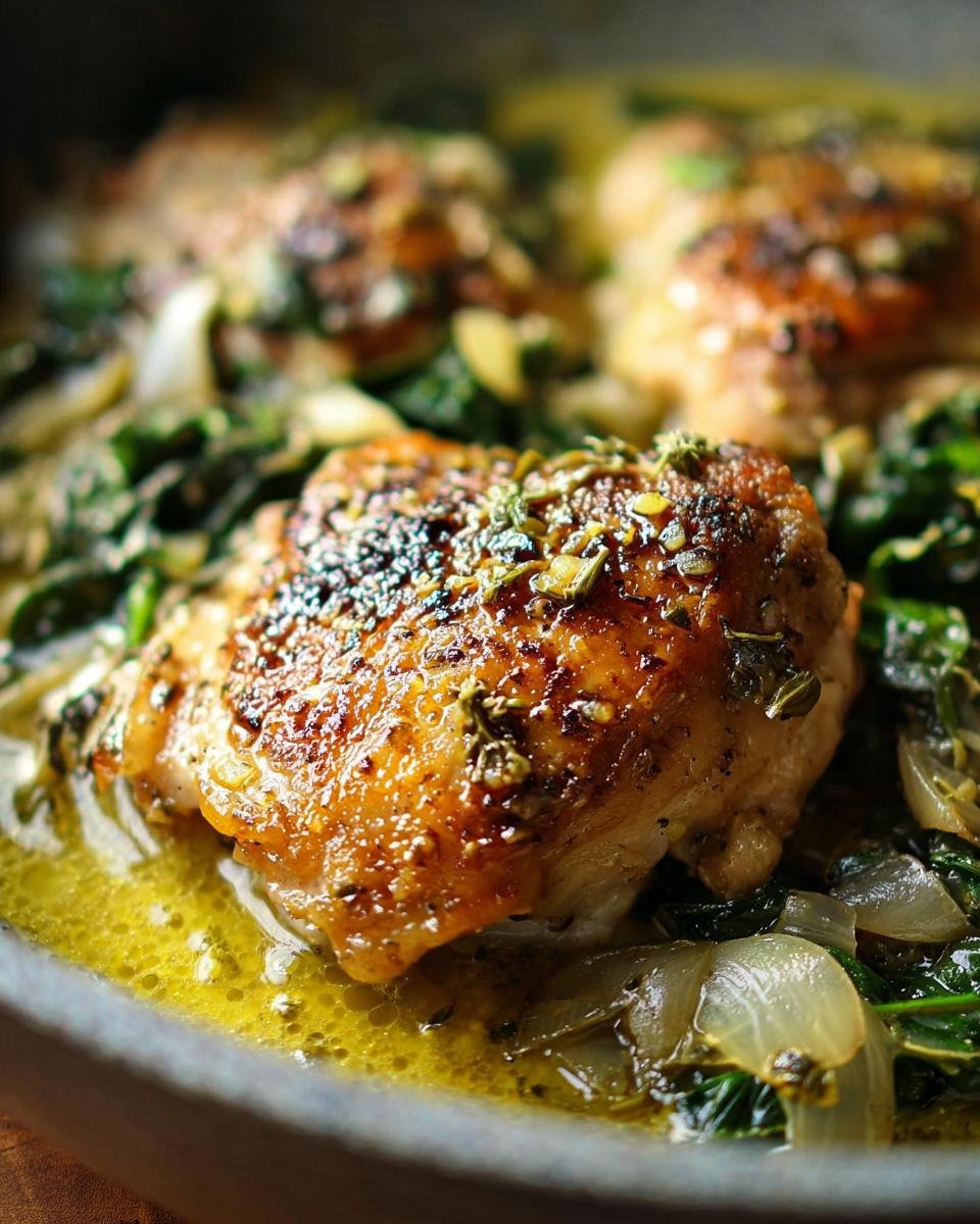 Close-up of a perfectly seared chicken thigh in a skillet with lemon garlic sauce, spinach, and onions, highlighting the Easy Lemon Garlic Chicken Skillet.