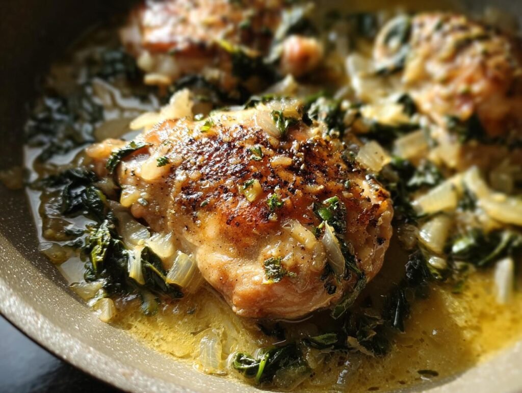 Close-up of seared chicken thigh cooking in a skillet with lemon garlic sauce, onions, and wilted greens.