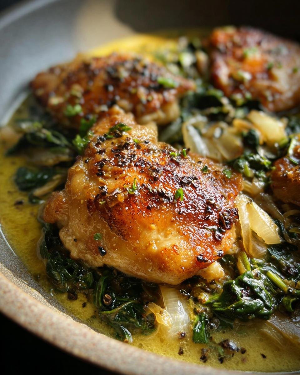 Close-up of seared chicken thighs served over wilted spinach and onions in a rich lemon garlic sauce.