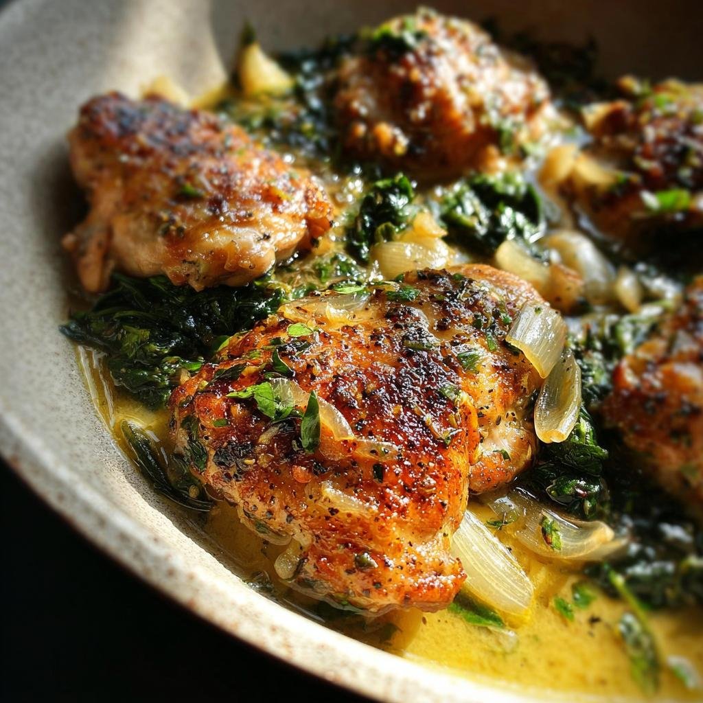 Close-up of seared Easy Lemon Garlic Chicken Skillet thighs in a bright yellow sauce with wilted greens and onions.