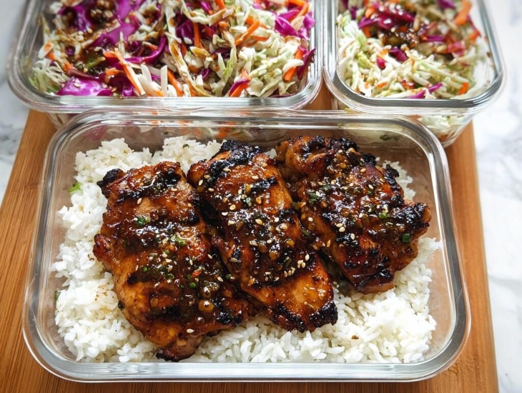 Three portions of glazed chicken thighs served over white rice in glass containers for Easy Meal Prep Recipes for a Healthy Week.