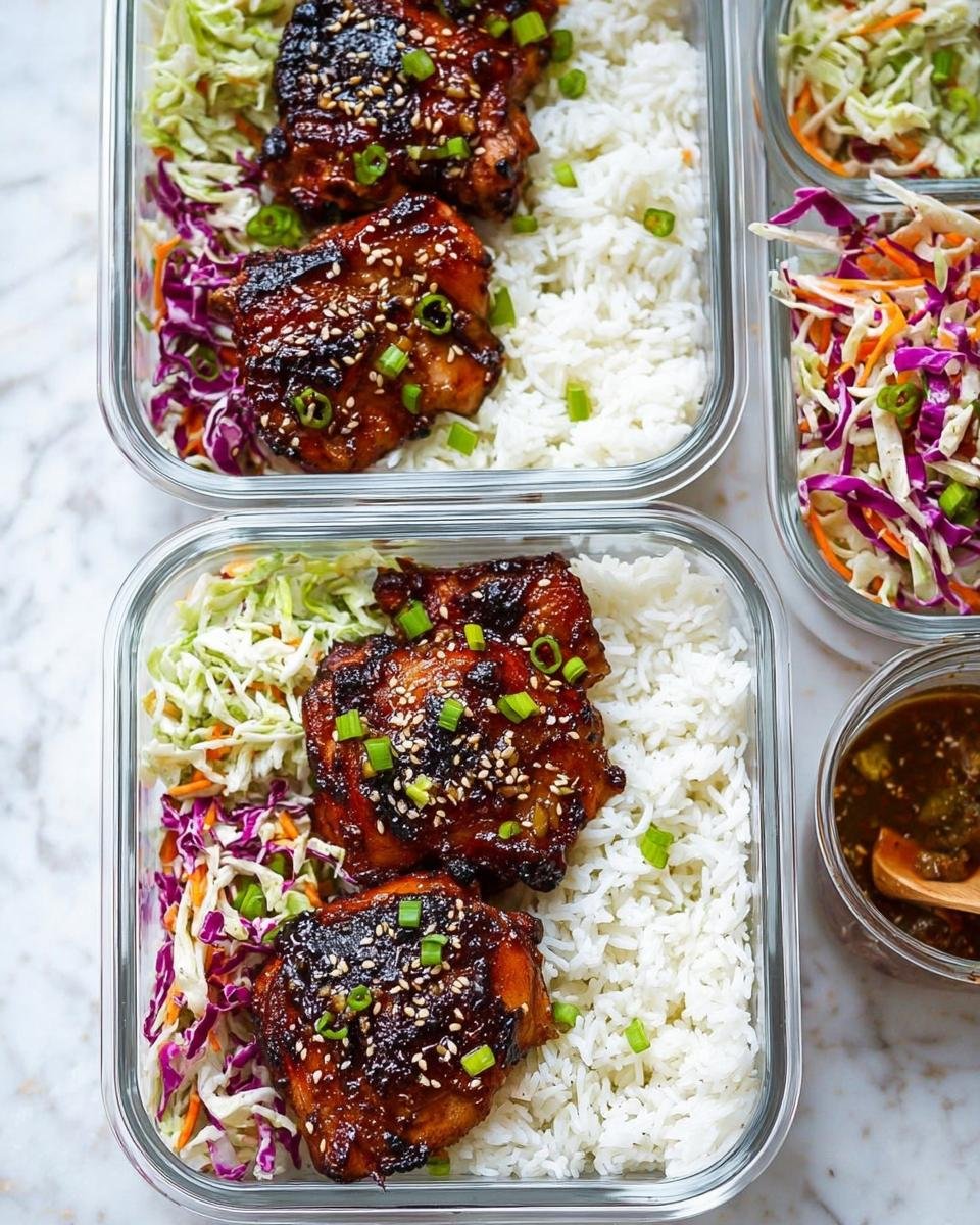 Two glass containers showing Easy Meal Prep Recipes for a Healthy Week: glazed chicken thighs, white rice, and coleslaw.