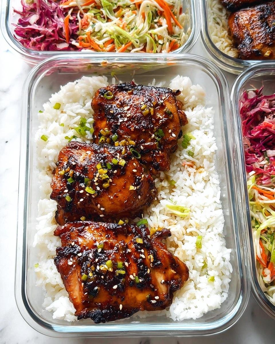 Glass container showing a portion of Easy Meal Prep Recipes for a Healthy Week: glazed chicken thighs over white rice, next to a slaw.