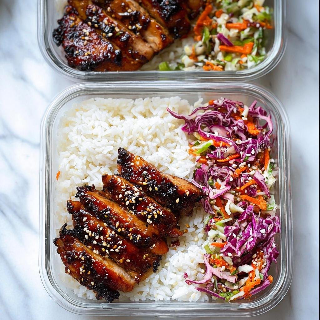 Two glass containers showing portions for Easy Meal Prep Recipes for a Healthy Week: glazed chicken, white rice, and coleslaw.
