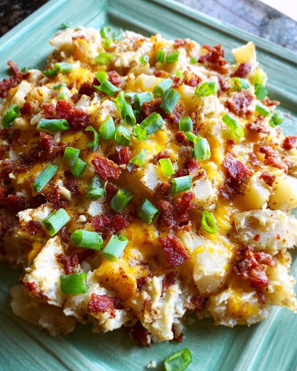 A close-up of Easy Mississippi Mud Potatoes topped with melted cheese, bacon bits, and fresh green onions.