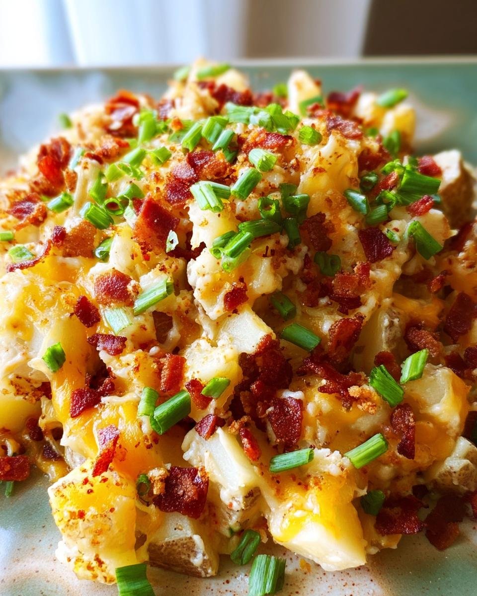 Close-up of Easy Mississippi Mud Potatoes featuring chunks of potato covered in melted cheese, bacon bits, and fresh green chives.