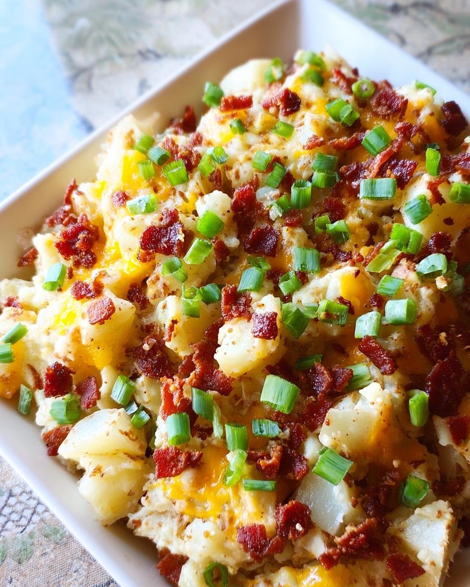 Close-up of Easy Mississippi Mud Potatoes topped with melted cheese, bacon bits, and green onions.