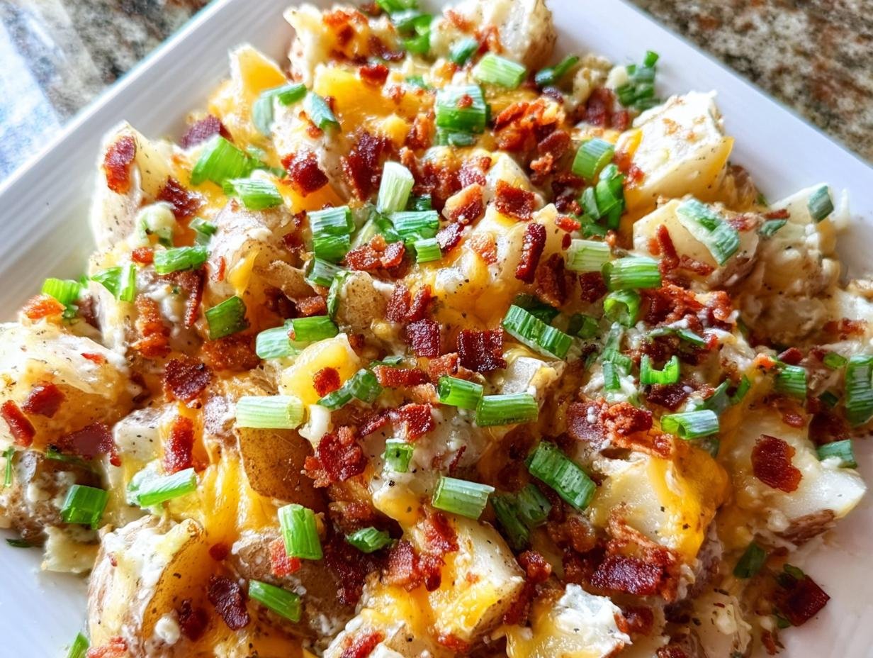 A close-up of Easy Mississippi Mud Potatoes topped with melted cheese, bacon bits, and green onions.