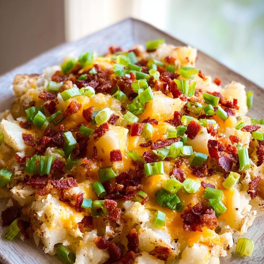 A close-up of Easy Mississippi Mud Potatoes topped with melted cheddar cheese, crispy bacon bits, and fresh green onions.