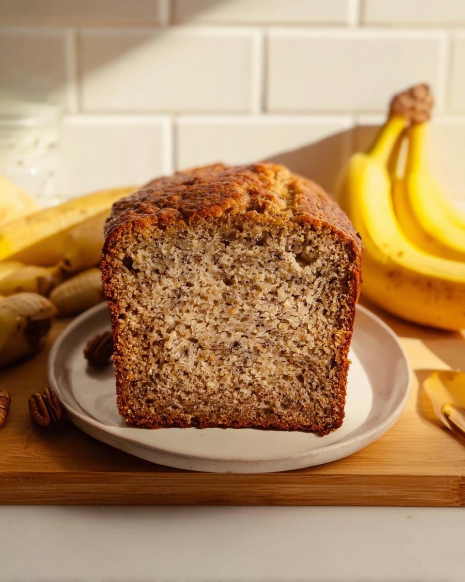 Cross-section view showing the moist crumb texture of the Easy Moist Banana Bread loaf, with bananas in the background.