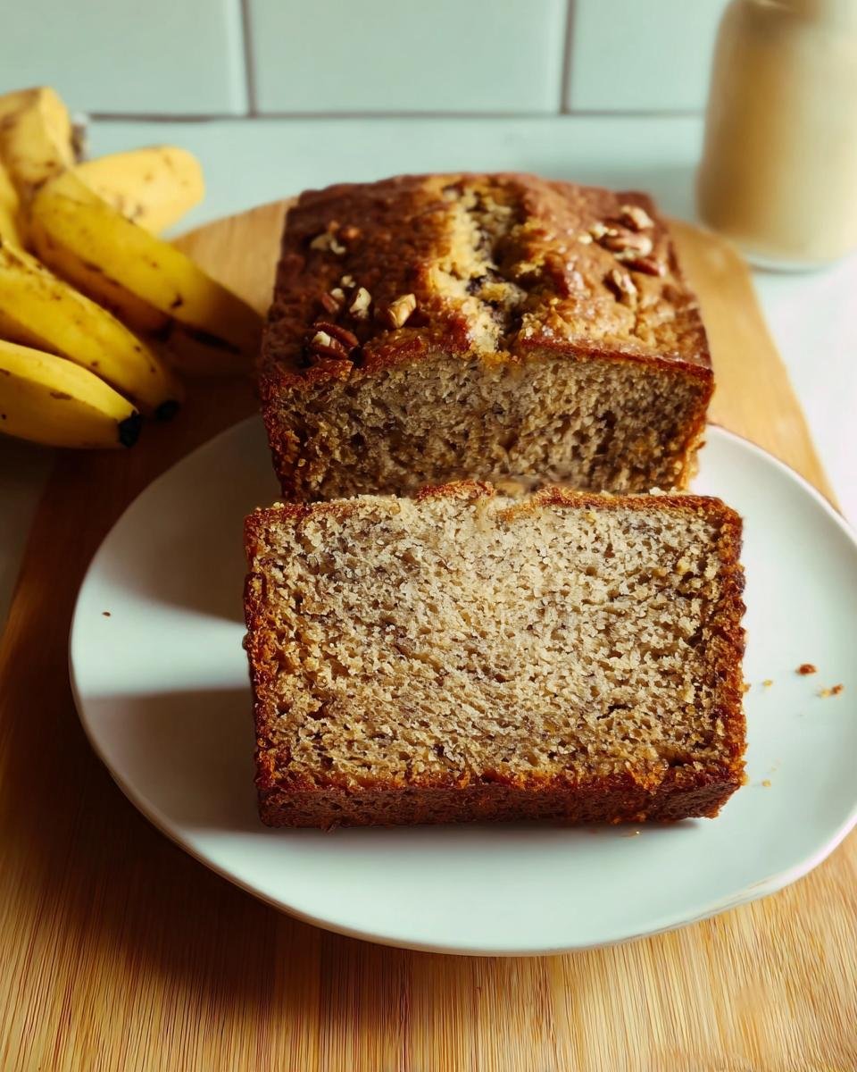 A slice of easy moist banana bread showing its crumb texture, next to the rest of the loaf.