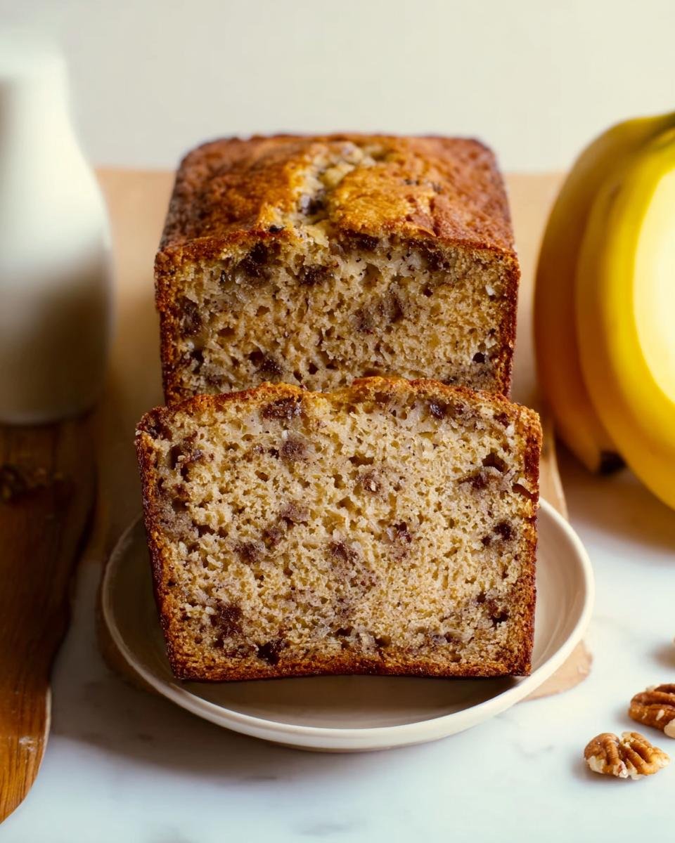A slice of moist banana bread showing its tender crumb and mix-ins, next to the loaf.