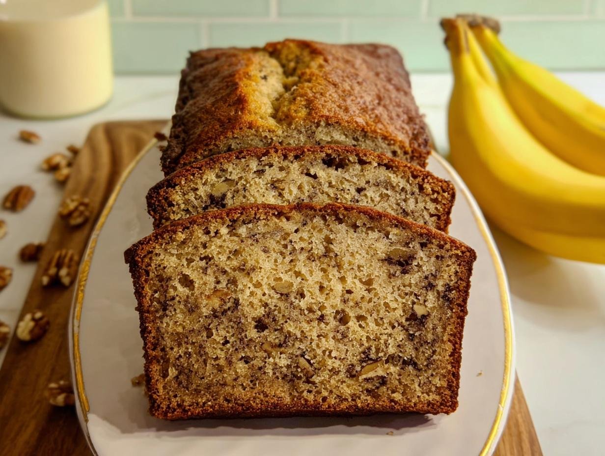 Slices of moist banana bread featuring visible walnuts, set next to fresh bananas.