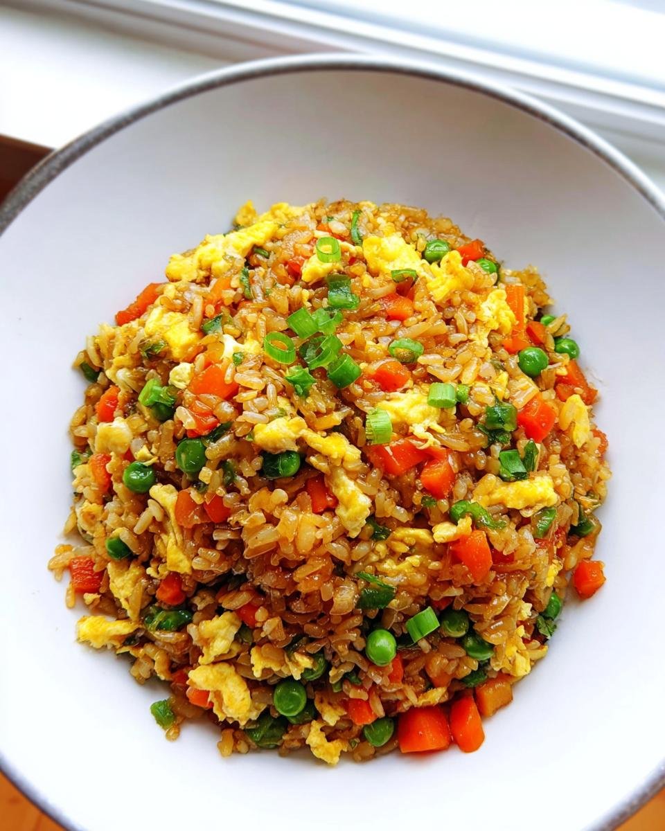 A close-up of a white bowl filled high with vibrant Everyday Veggie Fried Rice, featuring scrambled egg, peas, and carrots.