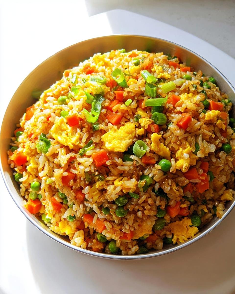 A stainless steel bowl filled with vibrant Everyday Veggie Fried Rice featuring scrambled egg, peas, carrots, and green onions.