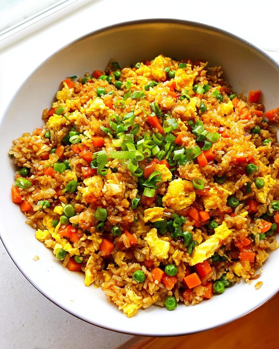 A close-up of a white bowl filled with vibrant Everyday Veggie Fried Rice, featuring rice, scrambled egg, carrots, peas, and green onion topping.